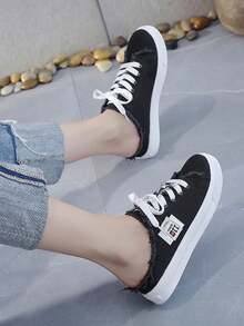Women Canvas Mules Slip On Sneaker Fashion Comfortable Solid Canvas Slippers Casual Shoes For Women - 黑色 - 查看 2
