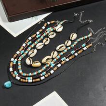 5pcs/Set Fashionable Women Vintage Style Shell, Turquoise & Coconut Shell Necklace Accessory, Beach Vacation Travel Decoration