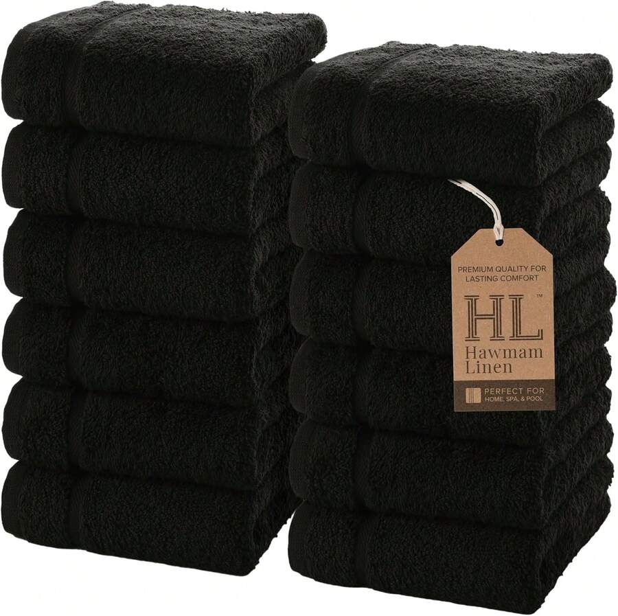 Luxury Cotton Washcloths 13x13 Inch - Large Hotel Spa Bathroom Face Towel | 12 Pack | Black - 黑與白 - 查看 1