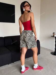 Short casual de mujer con bolsillo frontal y estampado de leopardo, para uso diario