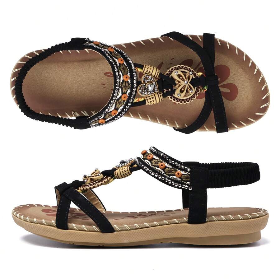 Women Sandals Floral Print Elastic Strap Lightweight Beach Shoes - màu đen - Xem 1