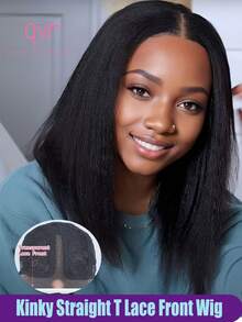 QVR QUEEN VIRGIN REMY Peluca bob con encaje T, cabello humano recto rizado, tipo yaki, cabello remy, encaje transparente, sin pegamento, color negro natural - Natural Black - Ver 1