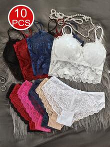 10 Pieces Of Mixed Color Women's Lace Floral Panties Lace Trim Splicing Comfortable And Breathable Women's Panties Daily Versatile Size S-L Optional Wear All Year Round 95% Cotton - 混色10件裝 - 查看 1