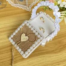 1 pieza Caja de anillo cuadrada de arpillera con cuentas (anillo no incluido), regalo de boda, suministros nupciales, regalo del Día de San Valentín, regalo del Día de la Madre