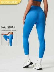 GOSOUER 女式纯色前缝后深 V 臀线跑步户外运动瑜伽紧身裤 - 藍色 - 查看 8