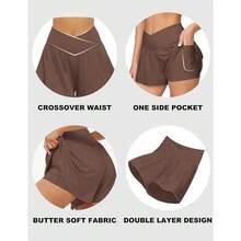 FireSwan Crossover Athletic Shorts For Women 2 In 1 Flowy Running Shorts With Pockets Spandex Butterfly Workout Tennis Skorts - Brown - View 4