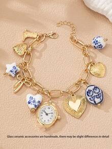 1pc Charm Bracelet With Faux Clock Heart Locket Bow Ceramic Charms, Cowgirl Boots Bowknot Bracelets Jewelry (Ceramic Print Pattern Details May Vary) - Multicolor - View 4