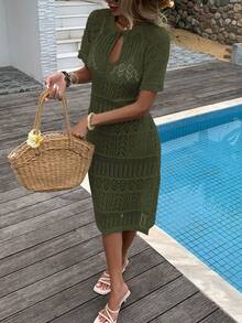Plus Size Summer Openwork New Fashion! Handmade Crochet V-Neck Knit Dress With French Vacation Vibe * Openwork Art, Unlocking The Design Ceiling Of Beach Attire - Capturing The Slouchy Relaxation Of European And American Beaches Openwork Design Reshapes The Versatile Charm Of Summer Vacation Outfits - Olive Green - View 5