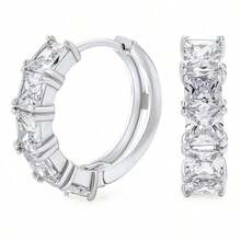 Princess Cut Cz Stone White Gold 925 Sterling Silver Men Women Hoop Earrings - as pic - View 1