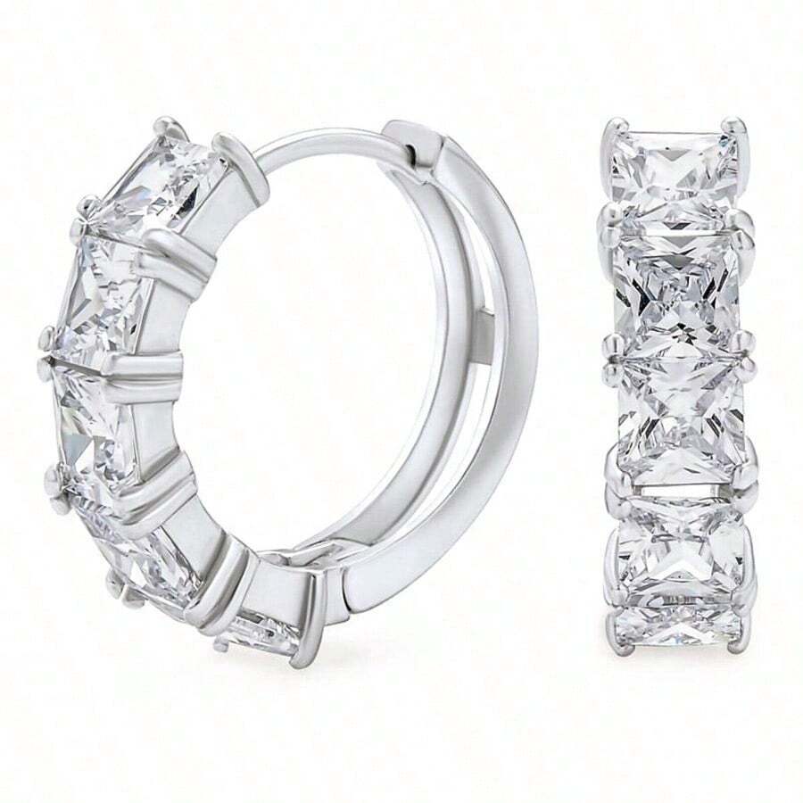 Princess Cut Cz Stone White Gold 925 Sterling Silver Men Women Hoop Earrings - as pic - View 1