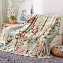 1 件复古花卉拼布被子毯 - 柔软法兰绒四季舒适盖毯，适用于床、沙发、露营和旅行 - 淡粉色、绿色、蓝色、米色家居装饰礼物 - 彩色 - 查看 2