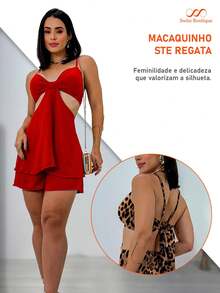 Women's Short Dress Jumpsuit With Straps And Bow Knot - Đỏ - Xem 4