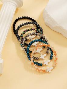 6pcs/Set Fashion Turquoise Cross & Crystal Elastic String Bracelet Set, Suitable For Daily Wear For Women (Note: Turquoise Color May Vary) - Multicolor - View 2