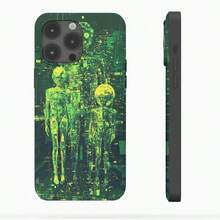 The Phone Case Features A Digital Abstract Image Of Humanoid Figures, Depicted In Vibrant Green Hues Against A Dark Background, Resembling A Futuristic Or Sci-Fi Theme. Skin-Friendly Luxury Concave Frame Lens Protection - Simple Design For IPhone 16 15 14 13 12 11 Pro Max 16 15 14 Plus