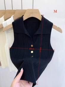 1 pieza Polo de punto sin mangas con cuello falso de ajuste corto para mujer con botones dorados, negro, blanco, albaricoque, rosa, morado