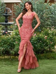 MIUSOL Đầm xẻ cao xếp lớp, đính sequin, ren hoa, lưới, kiểu dáng thanh lịch dành cho nữ, thích hợp dự tiệc cưới, lễ tốt nghiệp, tiệc tối trang trọng và các dịp khác, ngày lễ tình nhân mùa xuân. - Bụi hồng - Xem 6