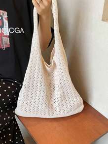 Distinctive Mori Style Knitted Tote Bag - Casual Lightweight Shoulder Handbag With Foldable Design, Boho Crochet Tote Bag - Fashionable Summer Beach Shoulder Bag With Beige/Ivory Hollow Weave Design, Suitable For Women, Art, Shopping Bag, Cute Y2K Crochet Bag For Casual Outings And Relaxation, Beach Bag With Lovely Love Pattern Knitted Shoulder Bag, Suitable For School, Travel, Shopping