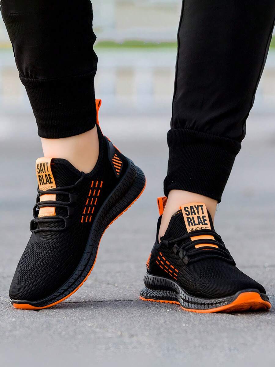 Hombre deportivo transpirable tejido punta redonda cordones suela plana estilo urbano para gimnasio y diario tenis - Naranja - Ver 1