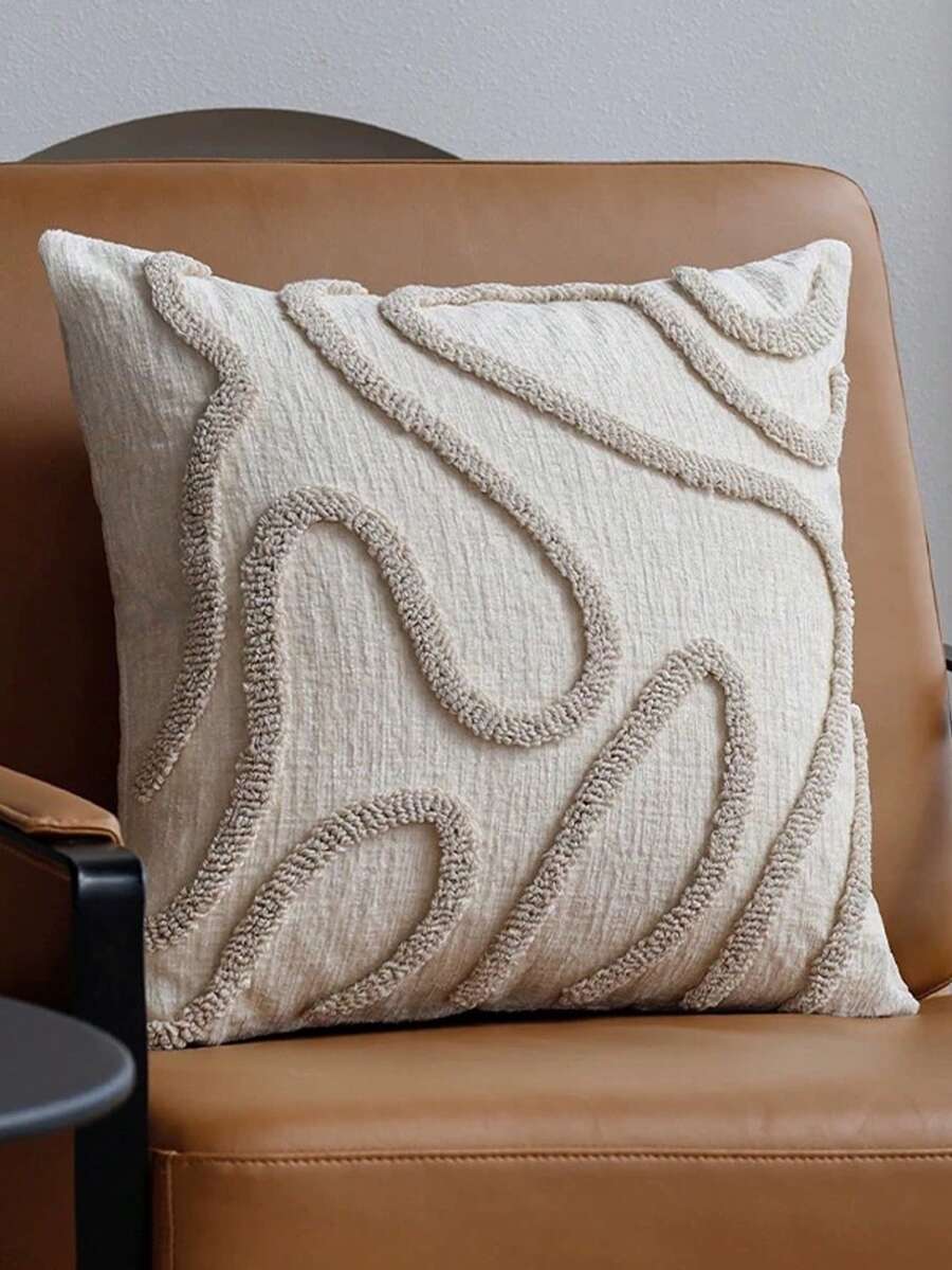 1pc Modern Minimalist Abstract Line Embroidery Throw Pillow Cover, Nordic Style Sofa Cushion Cover, Atmosphere Decor Pillow Sham, Suitable For Living Room, Bedroom Decor, Beige (Without Pillow Insert) - Beige - View 1