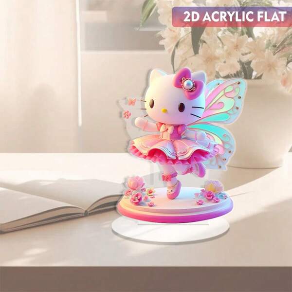 Sanrio 1 pieza de decoración de escritorio acrílica 2D plana de Hello Kitty de Sanrio con diseño de flores rosas vibrantes y alas de mariposa - Diseño de hada mágica, arreglo plano hermoso, idea de regalo única para decoración del hogar, oficina, cafetería, dormitorio
