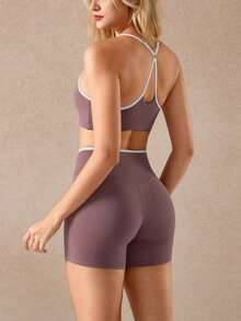 NcmRyu Women's Sexy Solid Color Workout Fitness Sports Outdoor Suit Set - Purple - View 9