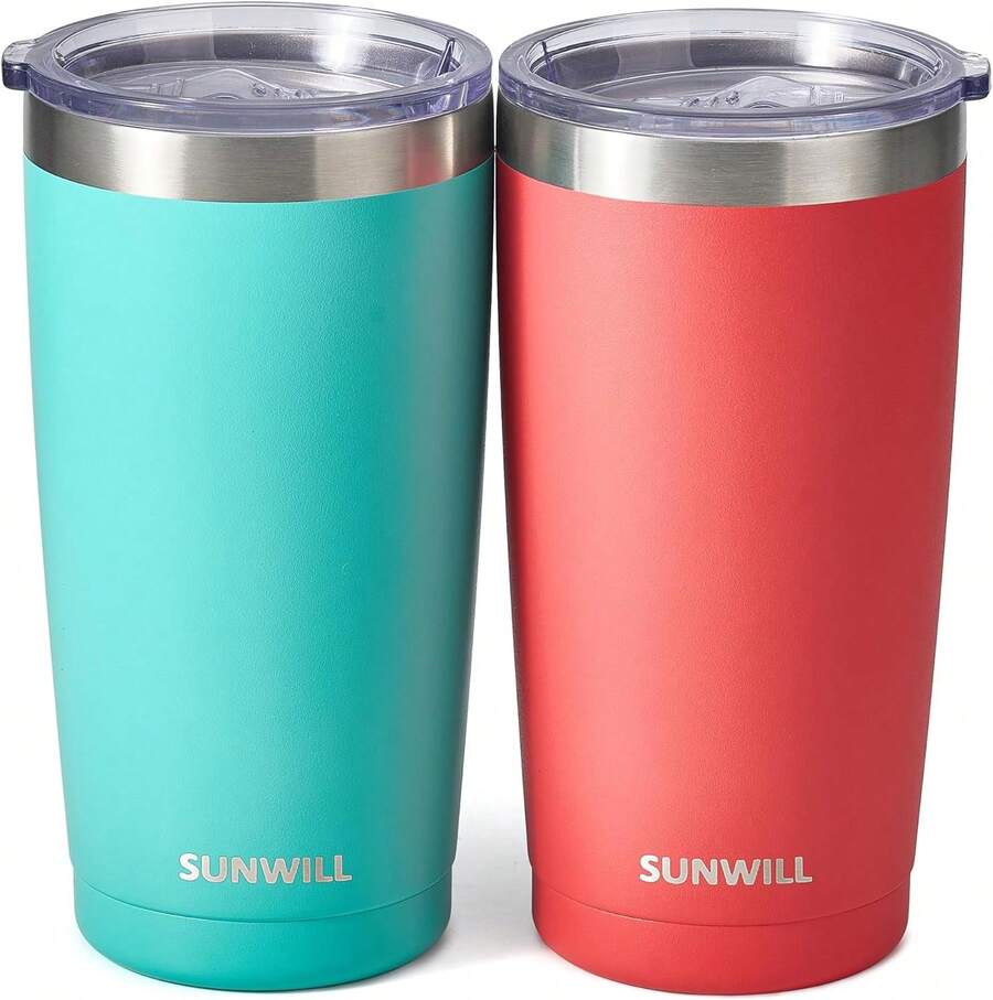 Travel Coffee Mug Set Of 2, 20 Oz Tumbler With Lid, Insulated Stainless Steel Cup For Water, Tea, Powder Coated Teal & Coral - 彩色 - 查看 1