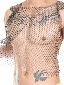 1 件闪亮水钻性感渔网短款上衣 - 网眼镂空背心，适合派对、舞会、海滩遮盖、俱乐部和休闲装、透明胸衣衬衫、双面、耐用、夜总会装