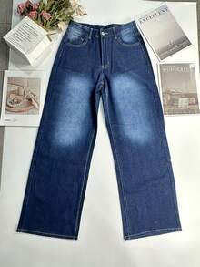 Women's Vacation Style Y2K Washed Distressed Wide Leg Jeans - Dark Wash - View 9