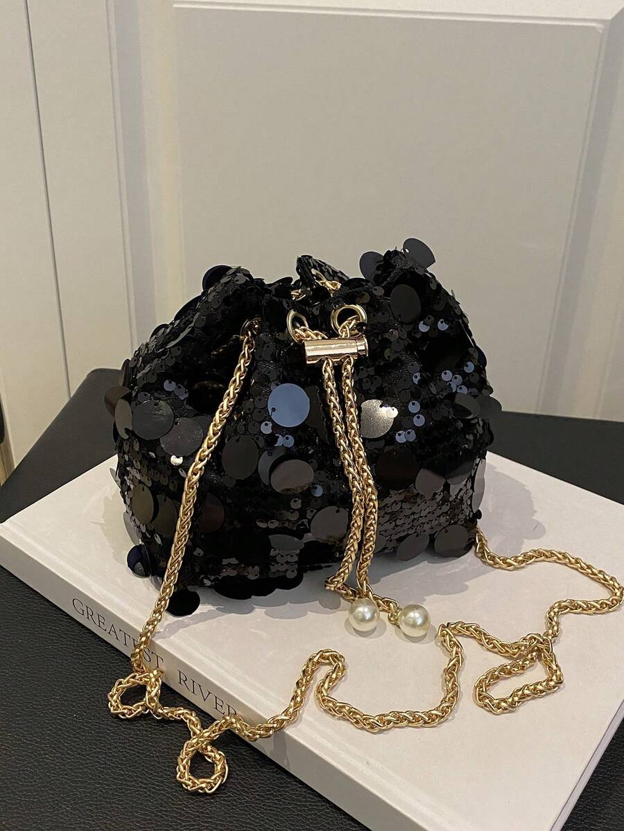 1 Pc Fashionable Sequin Embellished Women's Clutch Bag With Metallic Chain, Shoulder Bag For Ladies, Summer Party And Holiday Gift, High-Rated Brand Handbag