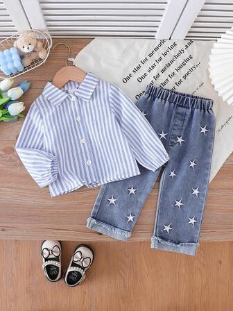 2件套男女宝宝休闲条纹长袖立领衬衫搭配松紧腰裤，百搭套装，适合秋季、春季、夏季穿着，是外出、度假和各种场合的理想选择，百搭休闲。