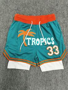 男式二合一绿白纽约字母刺绣篮球短裤，速干运动短裤，适合篮球、棒球、高尔夫、日常锻炼、跑步、沙滩