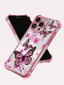 Funda para teléfono (1 unidad): Diseño minimalista de mariposa, electrochapada, con airbag, resistente a caídas, de TPU transparente y gruesa. Compatible con Apple 16 Pro Max/16 Pro/13 Pro Max/12 Pro Max/11, 15 Pro Max/14 Pro Max/S22/S23/D24/S25. - Rosa - Ver 3