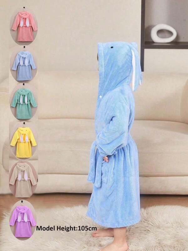 1pc Within 5 Years Kindgarten Children's Bathrobe (27.6"/70cm), Loungewear, Cartoon Hooded, Solid Long Ears Bunny Design, Multiple Colors Available, Thickened Plush Warm Coral Fleece, No Shedding, Water Absorbent, For Kids, Boys&Girls, Waistband&Pockets, Suitable For Hotel, Home, Bedroom, Swimming Pool, Festival Prensents, Birthday Gifts, Back To School