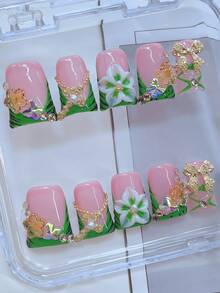 10pcs Y2K Nails Chic Duckbill Press On Nails Set - Handcrafted, Green Nails, Green French Style, Handmade 3D Flowers With Green Flower Core, Hand Drawn Black Zebra Stripes Design, Golden Little Flowers Element And Sparkling Rhinestone Butterfly Design, Sparkling Golden Bow And Cross Accents - Suitable For Women And Girls, Party, Wedding, Daily Wear, Includes Tool Kit. Duck Nails. Handmade Press On Nails. Fake Nails. Nail Supplie - 彩色 - 查看 1