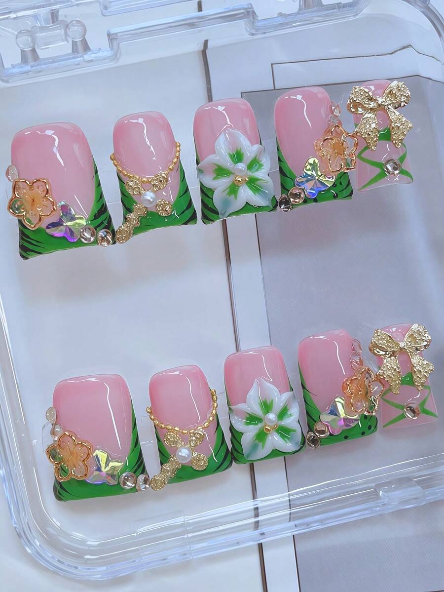 10pcs Y2K Nails Chic Duckbill Press On Nails Set - Handcrafted, Green Nails, Green French Style, Handmade 3D Flowers With Green Flower Core, Hand Drawn Black Zebra Stripes Design, Golden Little Flowers Element And Sparkling Rhinestone Butterfly Design, Sparkling Golden Bow And Cross Accents - Suitable For Women And Girls, Party, Wedding, Daily Wear, Includes Tool Kit. Duck Nails. Handmade Press On Nails. Fake Nails. Nail Supplie - 彩色 - 查看 1