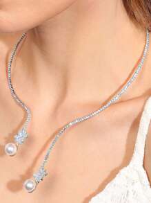 1 buc colier complet cu cristale și choker cu perle din frunze de zirconiu, colier luxos la modă din cupru și argint, potrivit pentru femei, purtare zilnică, aniversare, nuntă, petrecere, sărbătoare, colier de bijuterii de mireasă