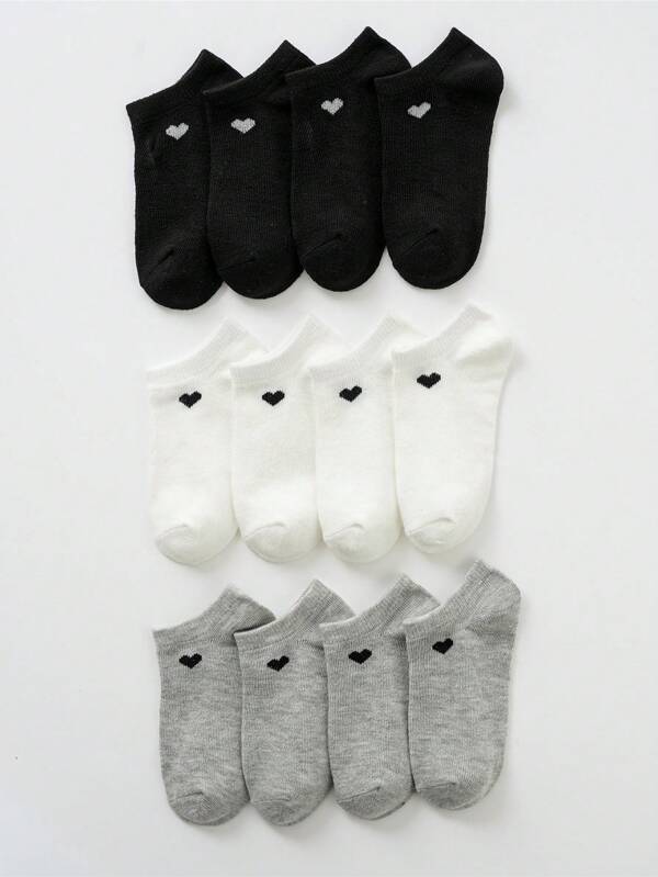 10 pares/12 pares de calcetines tipo tobillero con estampado de corazón para niños, en negro/blanco/gris, cómodos y versátiles, aptos para niñas, para primavera/otoño