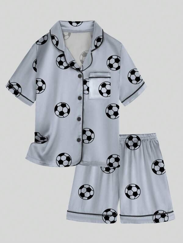 2 piezas Conjunto de pijama para niño preadolescente con estampado de fútbol gris, minimalista y de moda