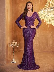 Vestido formal de manga larga con cuello en V y bajo de cola de sirena con lentejuelas - Rojo violeta - Ver 6