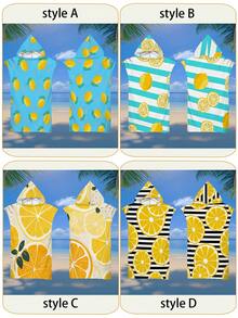 1 件柠檬条纹连帽斗篷，水果印花，超柔软超细纤维沙滩毯和连帽沙滩巾二合一，带纽扣，解开纽扣可转换为沙滩毯，超强吸水毛巾，适合旅行、泳池、潜水、冲浪、瑜伽、露营 - 彩色 - 查看 2