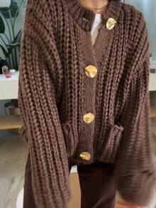 GDDYIN Áo khoác dệt kim màu trơn có túi cài nút cho nữ vào mùa thu - Màu nâu  Mocha - Xem 2