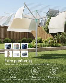 SONGMICS Wäschespinne, Wäscheständer, höhenverstellbar, 50 m Wäscheleine, für 5 Waschmaschinenladungen, Outdoor, Garten, mit Bodenhülse, Wäscheklammern, silbern-grün - Silbern-Grün - Übersicht 2