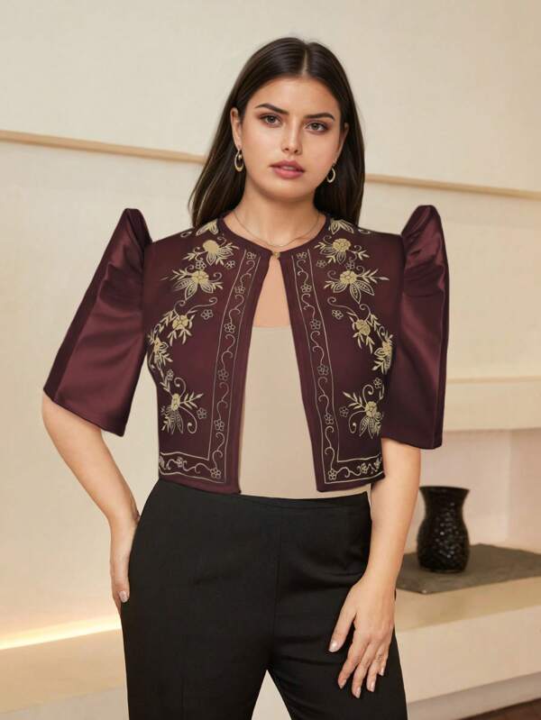 Amyenjoylife 1PC Plus Size Women's Modern Filipiniana Pattern Retro Printed Puff Sleeve Top, Spring/Summer Filipiniana Attire For Women Modern Elegant Top Bolero Filipiniana For Women