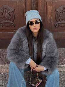 HH 女式仿皮草夹克优雅纯色翻领长袖外套休闲宽松女式冬季超大码淑女时尚街头风夹克