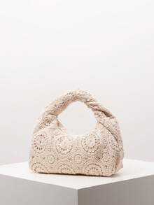 花卉镂空编织钩针包，女士波西米亚风沙滩包，高档百褶手提包，休闲假日钱包，节日必备品（图案随机） - 杏色 - 查看 3