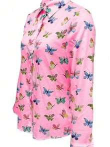 Camisa com botão na frente com estampa de borboleta,  Estilo Europeu e Americano Novo camisa casual de manga longa na primavera e no outono, camisa feminina confortável - Rosa chiclete - Visão 3