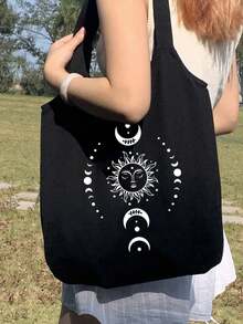太阳、月亮和星星印花帆布单肩包、白色图案、黑色背心手提包和黑色小包、小化妆包、零钱包、储物袋、情人节礼物、伴娘个性化婚礼礼品袋、化妆包、简易旅行储物袋