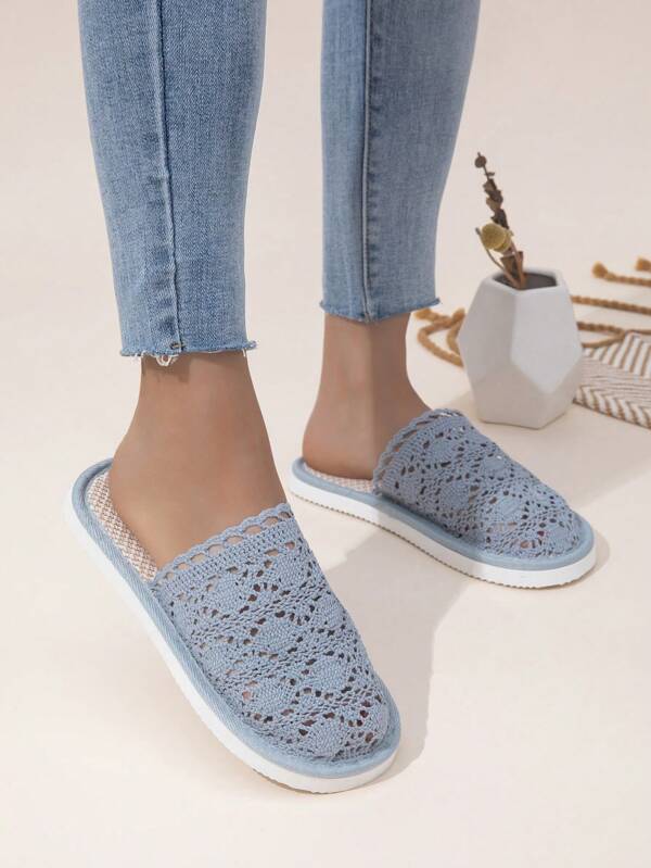 Women's Lace Knit Linen Slippers, Indoor Comfortable Silent Hollow Breathable Couples Slippers For All Seasons
