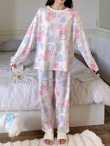 AICJ 2pcs/Set Women Cartoon Bear Print Casual Pajama Set, Long Sleeve Round Neck Top And Long Pants, Comfortable Loose Fit, Suitable For Spring,Autumn,Winter Home Wear, Fall Clothes