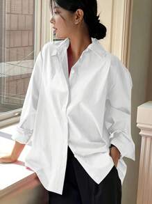Plus Size Women Long Sleeve Casual Solid Color Front Button-Up Shirt - White - View 1